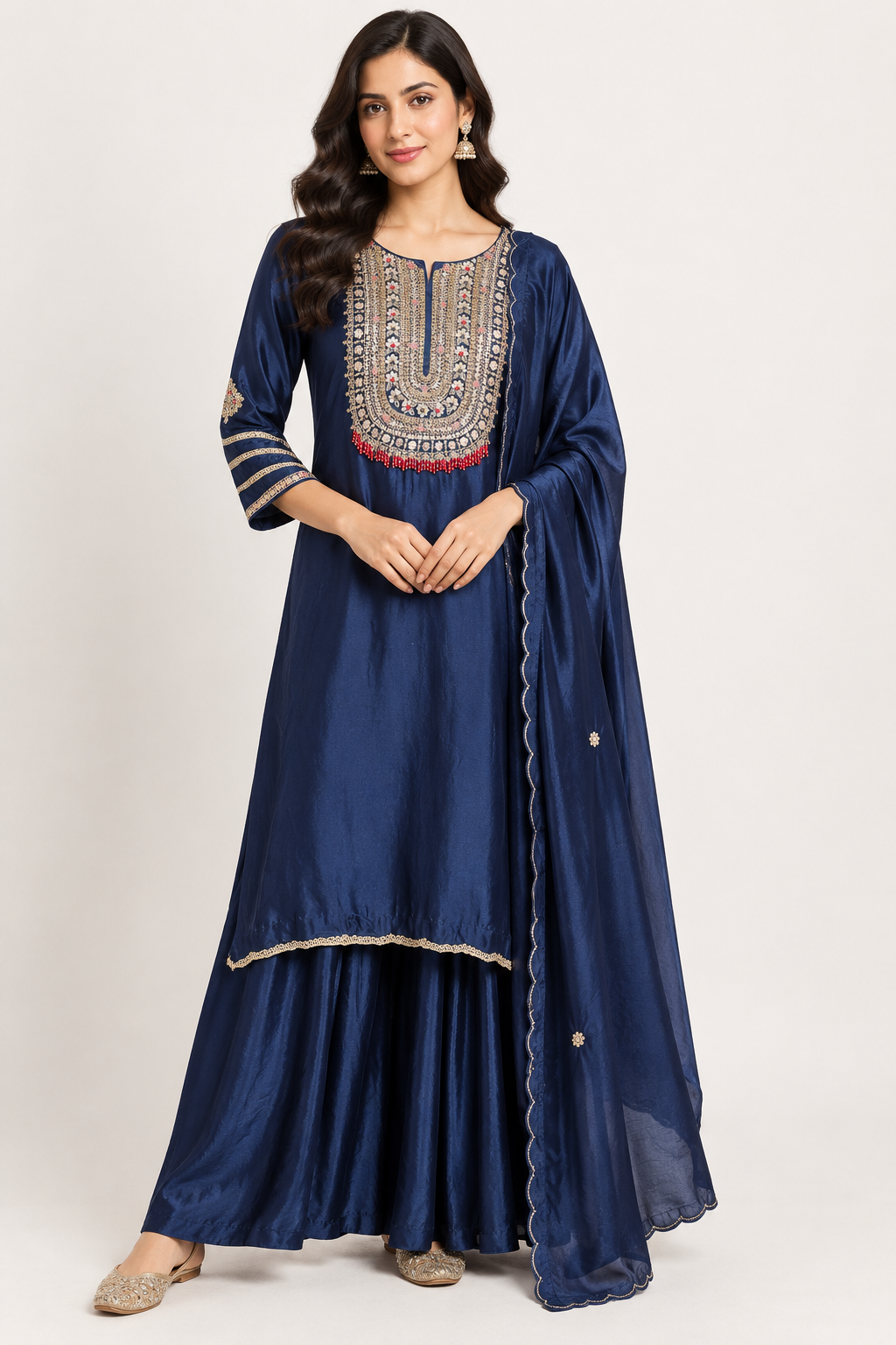 Blue Silk Kurta Palazzo Set with Intricate Embroidery & Designer Dupatta
