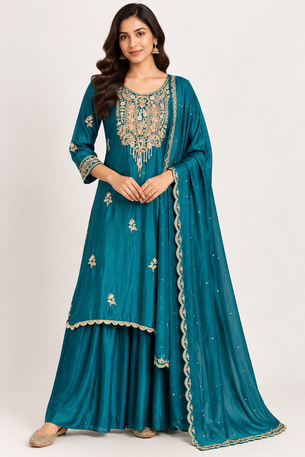 Green Silk Kurta Palazzo Set with Gold Embroidery Main image