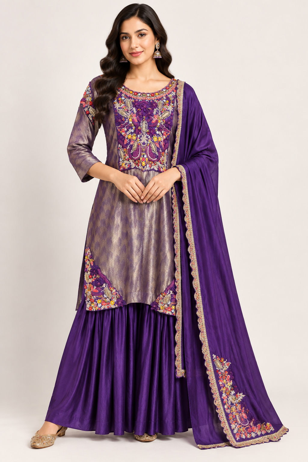 Purple Embroidered Kurta Palazzo Set with Designer Dupatta