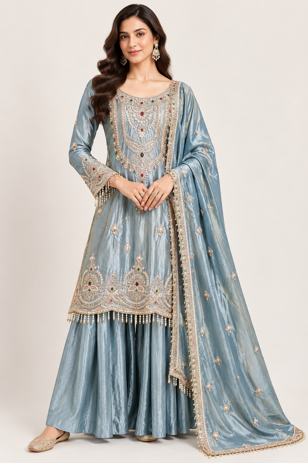 Sky Blue Embroidered Kurta Set with Flared Bottom & Designer Dupatta Main image