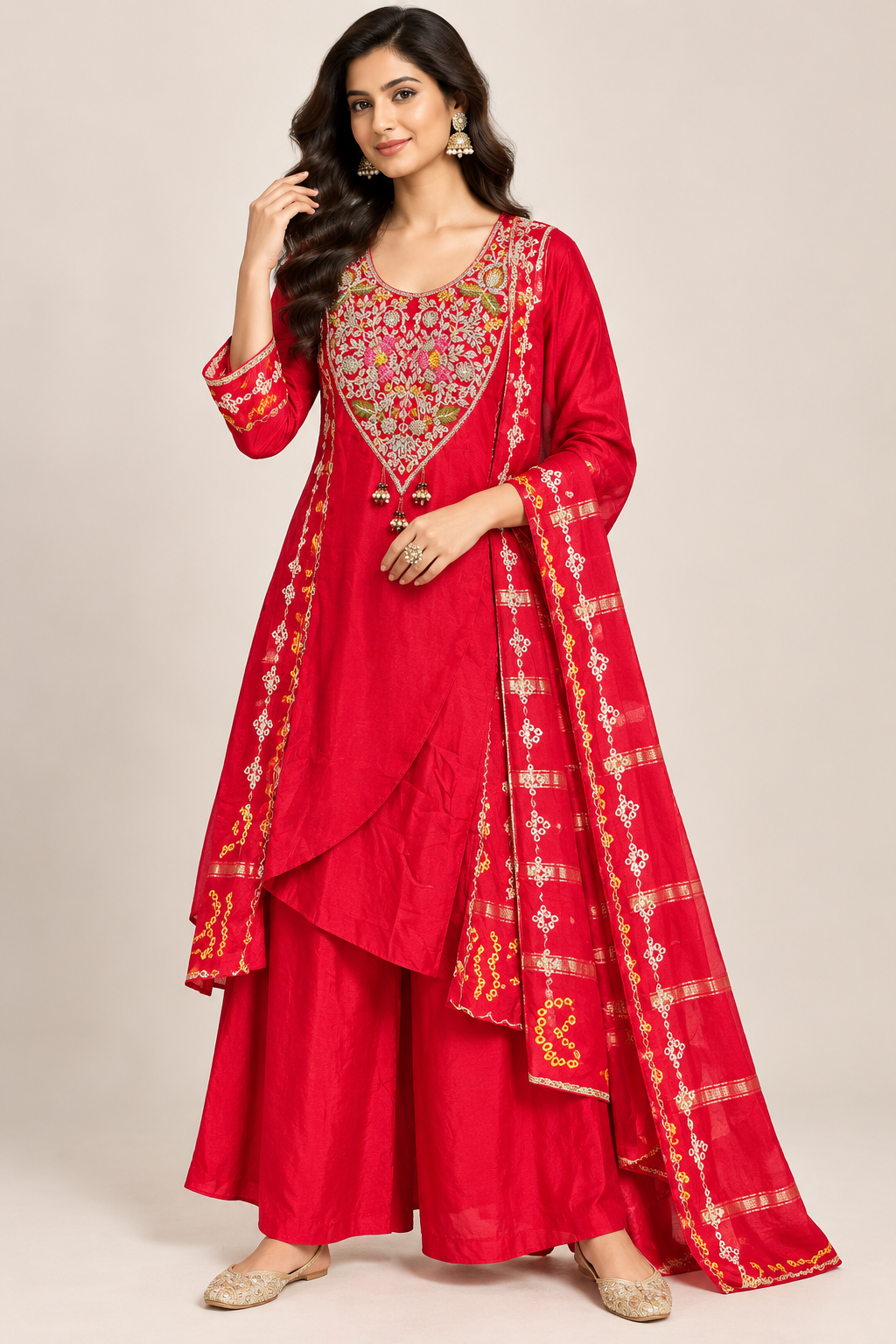 Red Embroidered Kurta Palazzo Set with Designer Dupatta