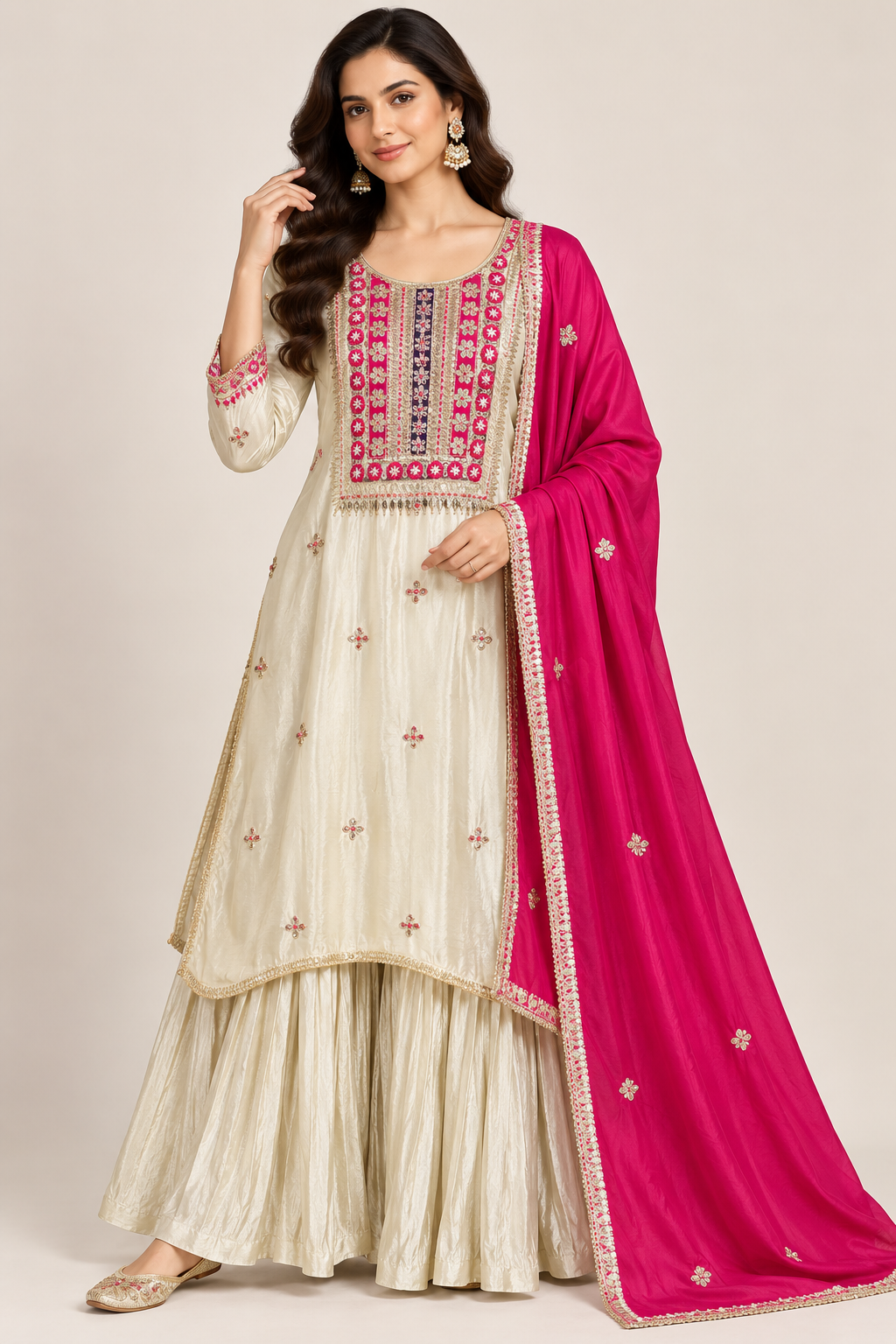 White Embroidered Kurta Sharara Set with Pink Dupatta