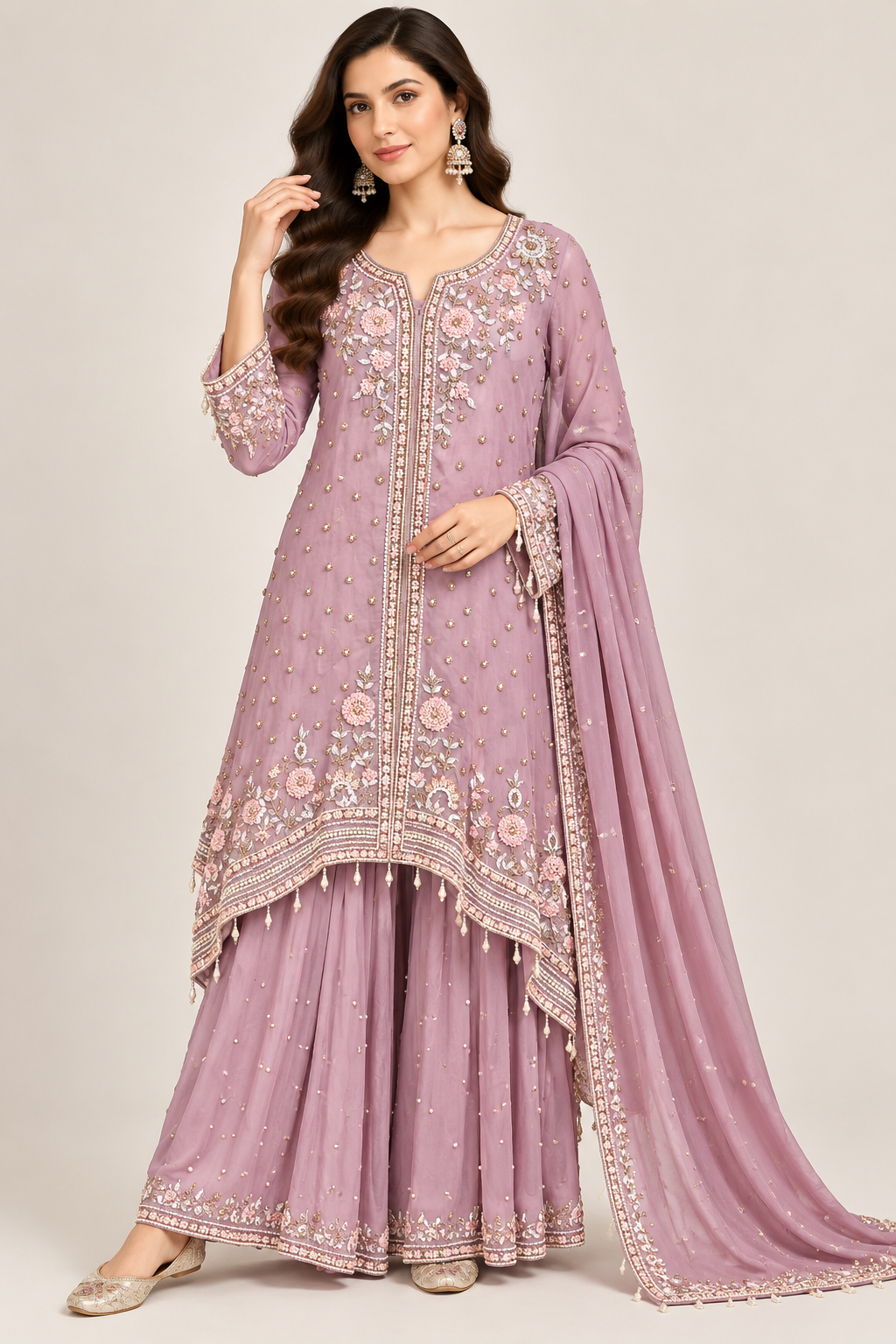 Mauve Embroidered Kurta Palazzo Set with Floral Detailing
