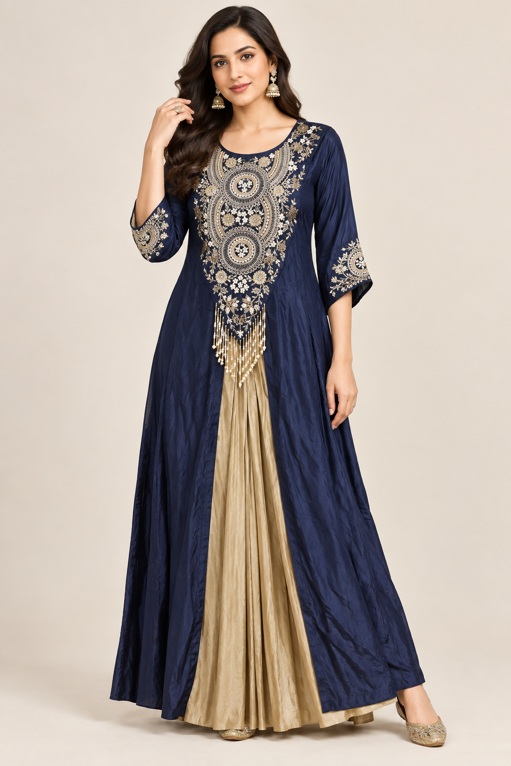 Blue Anarkali Kurta Set with Golden Embroidered Main image