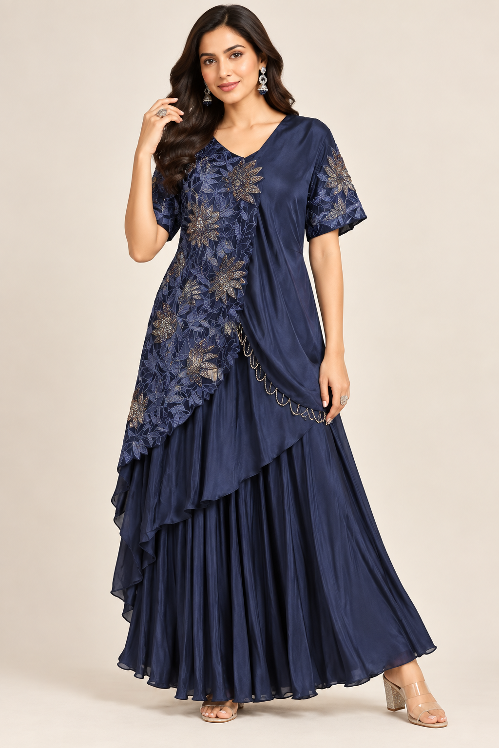 Navy Blue Embroidered Layered Kurta Sharara Set Main image