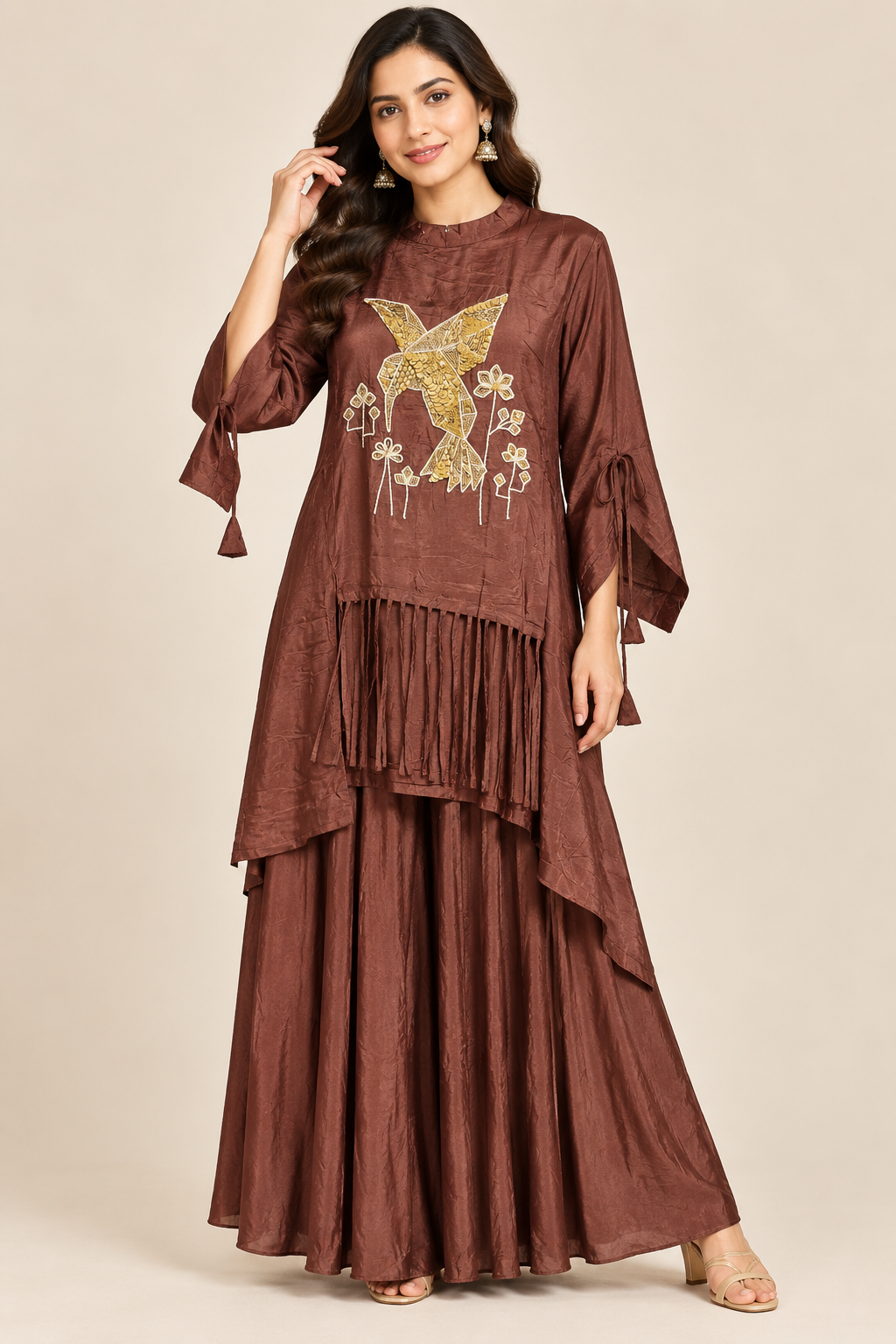 Brown Embroidered Peplum Sharara Set with Designer Sleeves Main image
