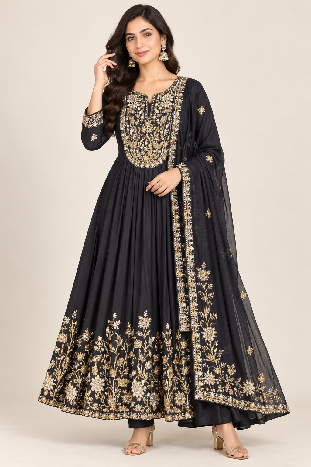 Black Anarkali Suit with Heavy Golden Floral Embroidery