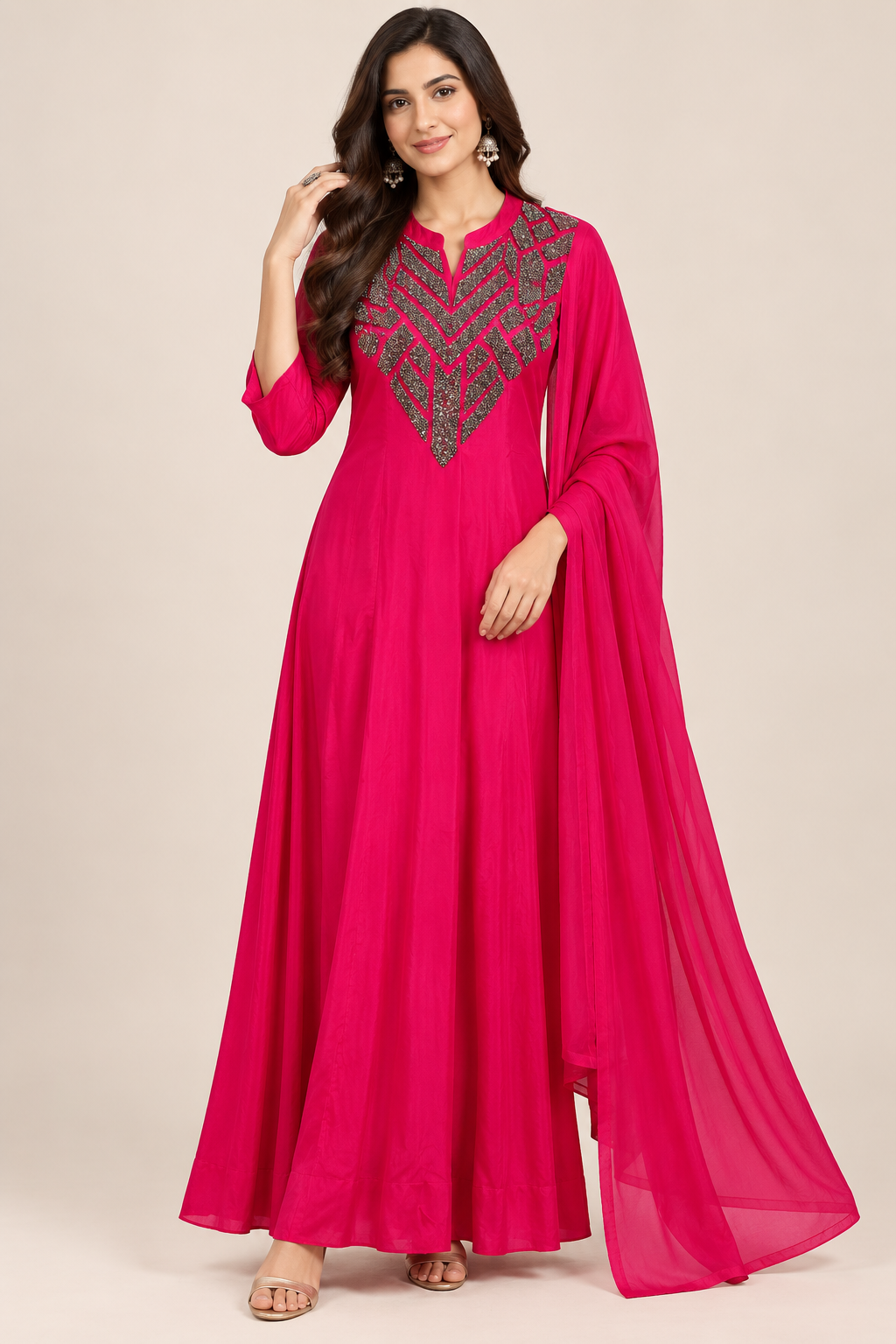 Rani Pink Anarkali Suit with Embellished Yoke & Matching Dupatta Main image