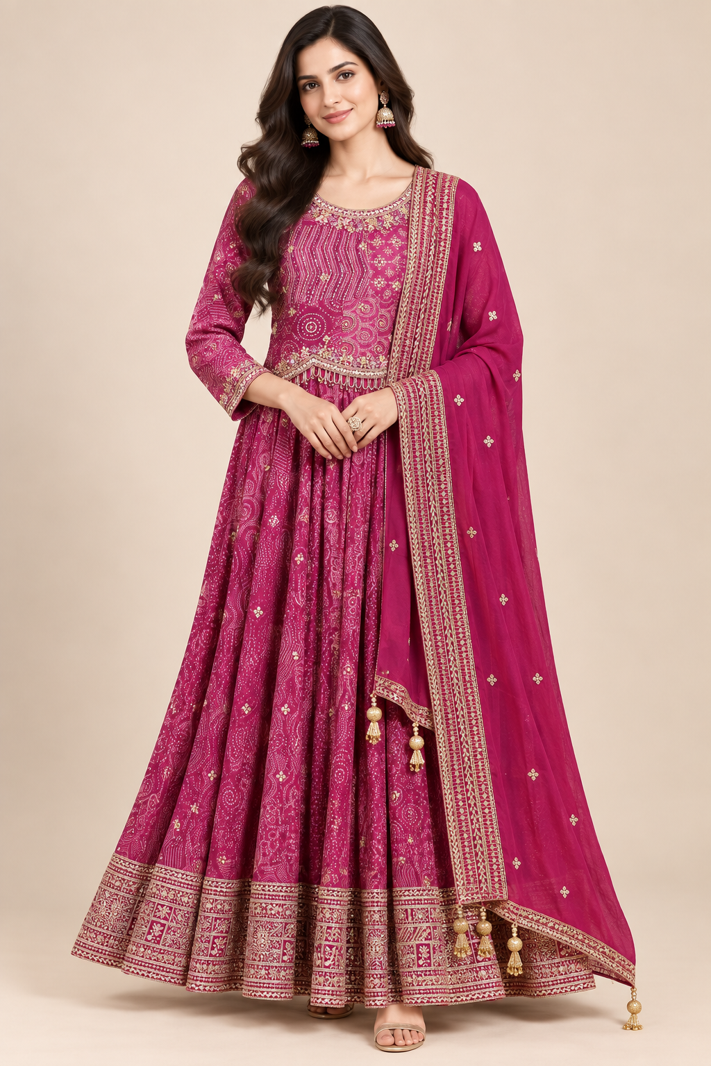 Rani Pink Printed Anarkali Suit with Embroidered Border