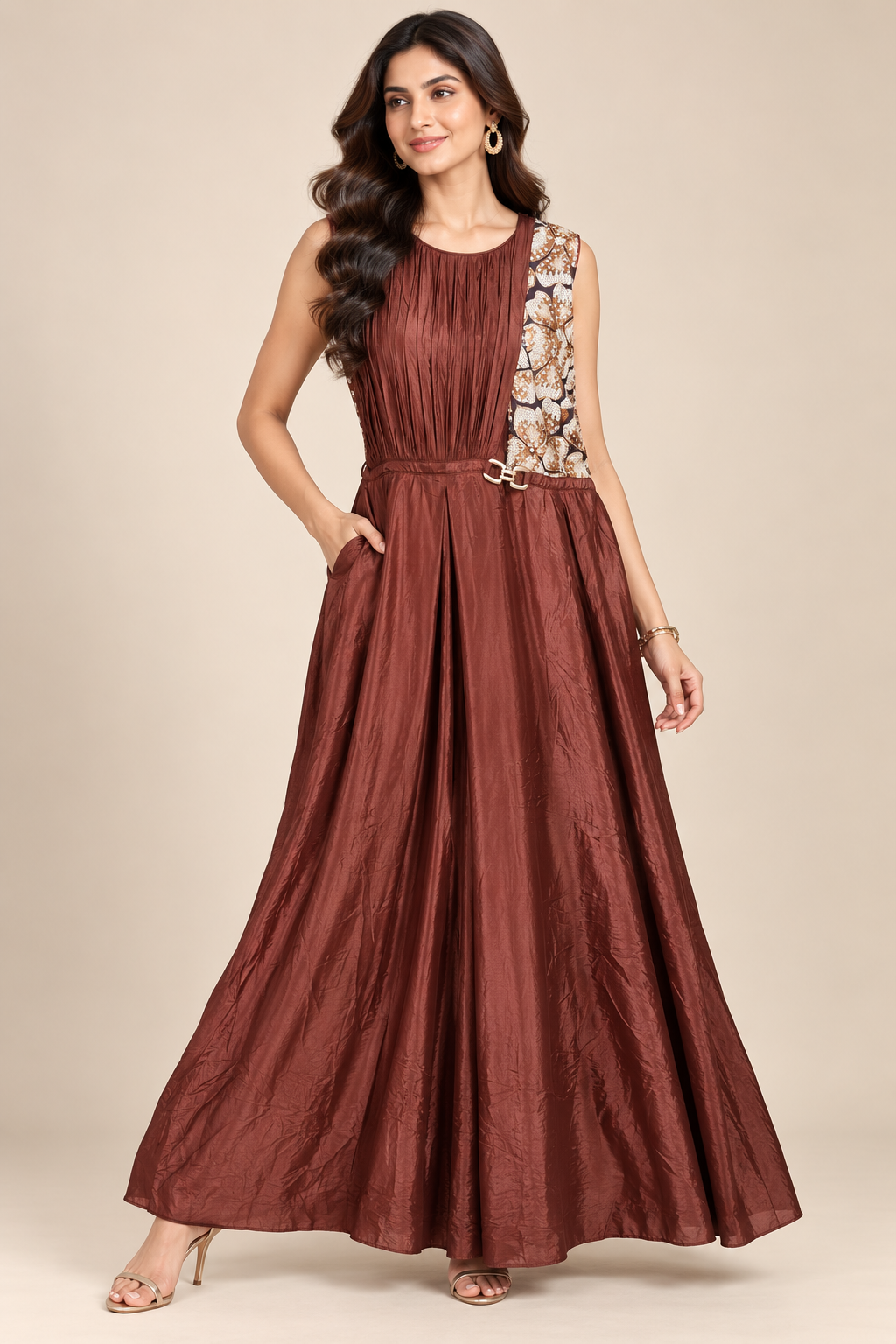 Brown Embellished Maxi Dress with Floral Panel Main image