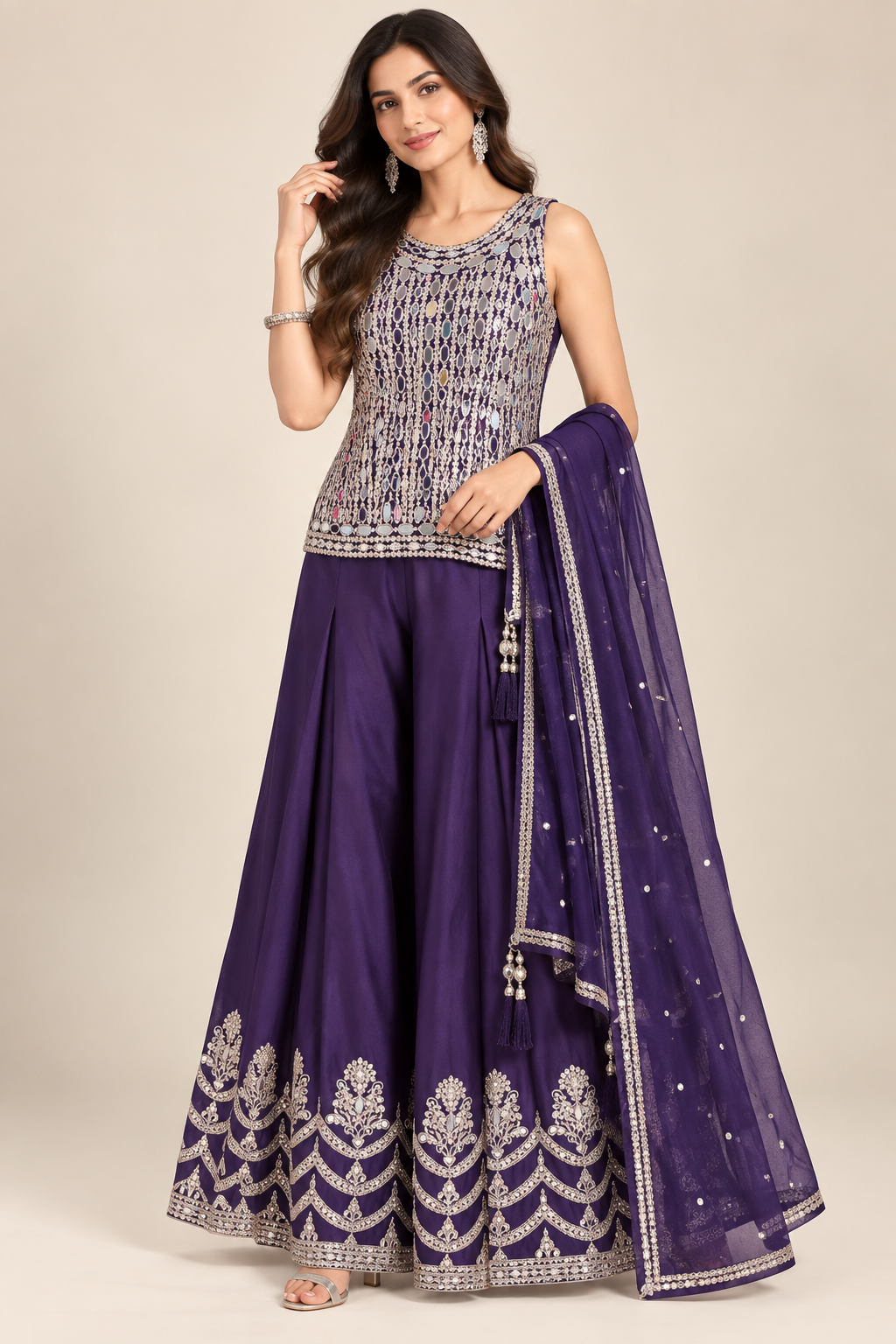 Wine Purple Embroidered Sharara Suit with Designer Dupatta