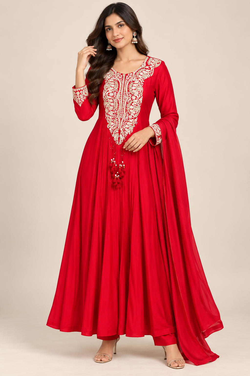 Red Anarkali Suit with Intricate White Embroidery Main image