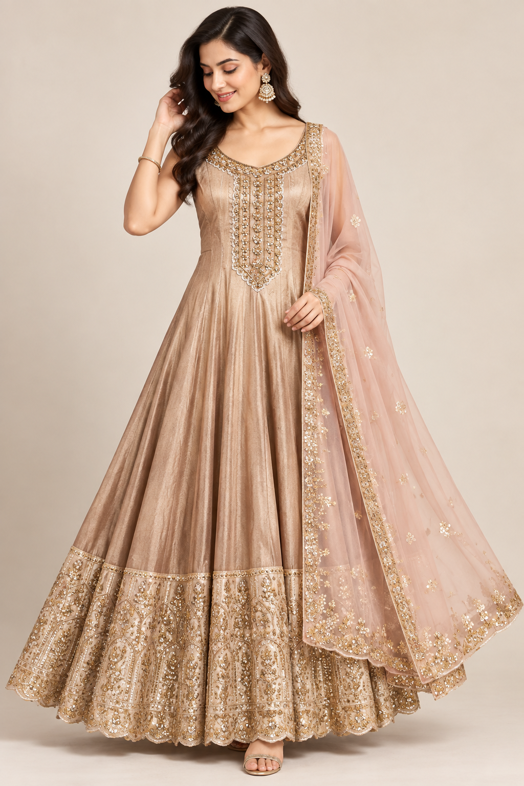 Champagne Gold Hand-Embroidered Tissue Silk Kalidar Anarkali Gown Set