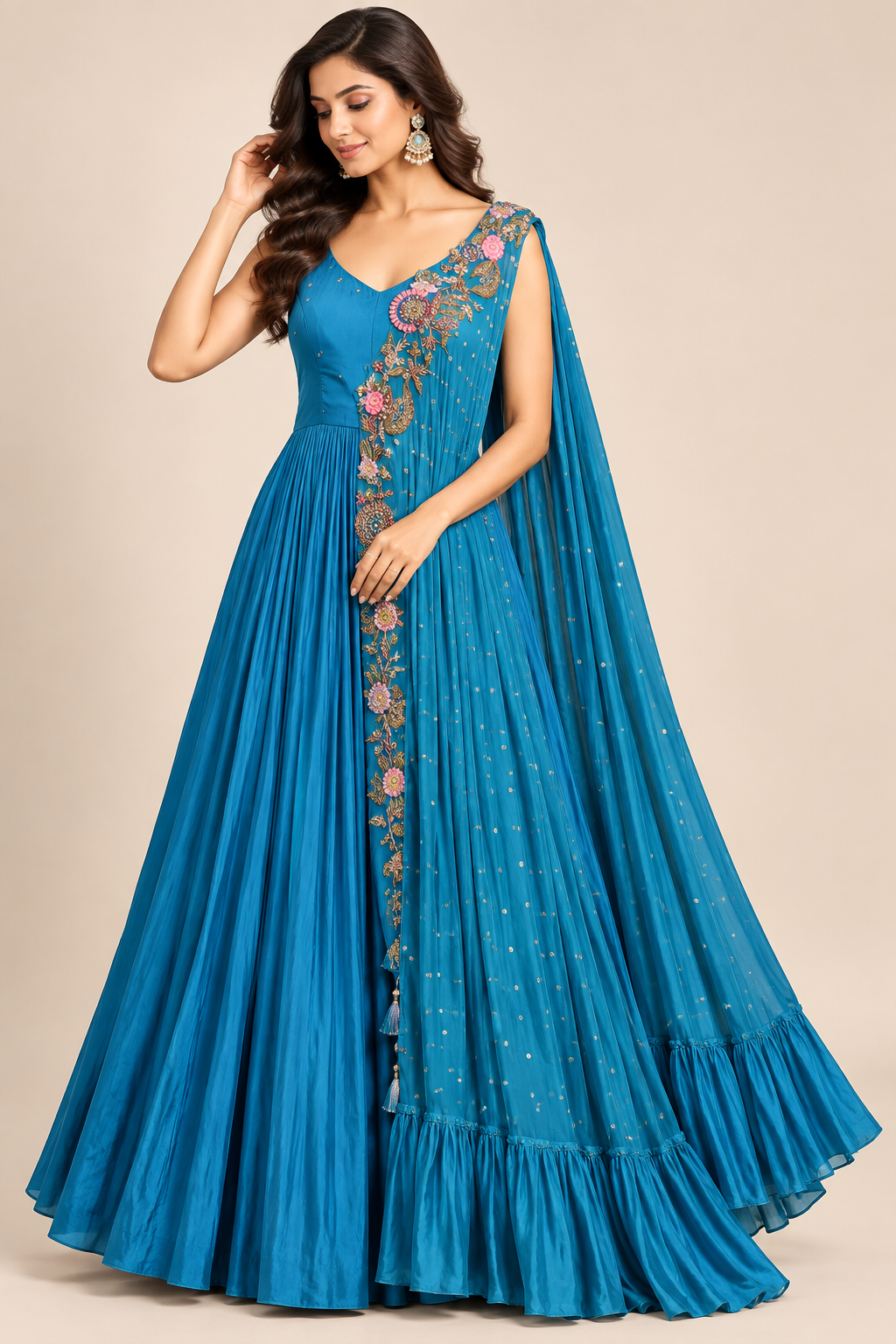 Cerulean Blue Embroidered Draped Anarkali Gown