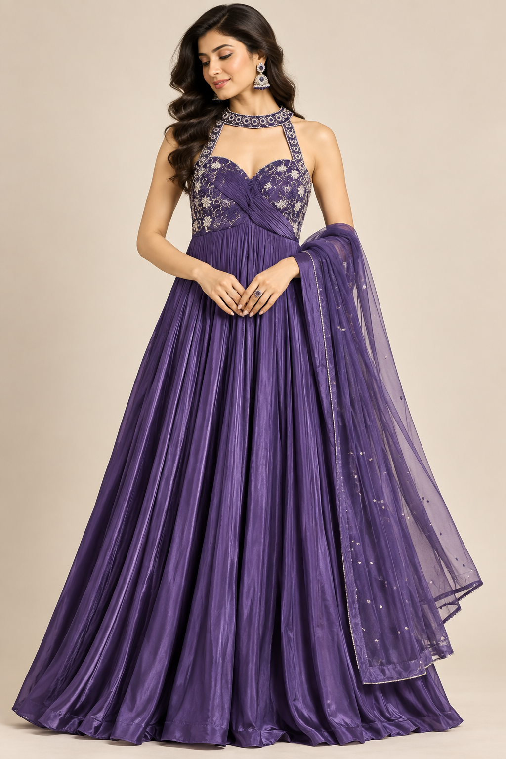 Royal Purple Hand-Embroidered Halter Neck Anarkali Gown Set