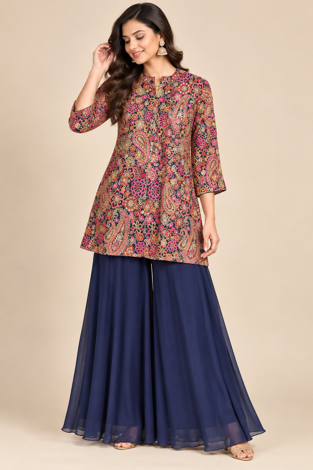 Midnight Navy Kalamkari Paisley Silk Kurti & Flared Palazzo Set Main image