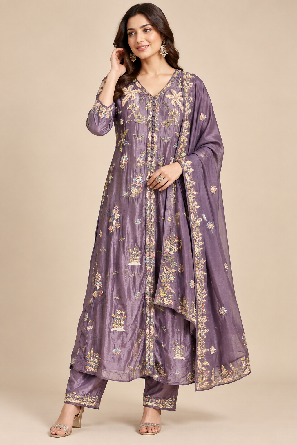Dusty Lavender Hand-Embroidered Silk Kalidar Kurta Pant Set Main image