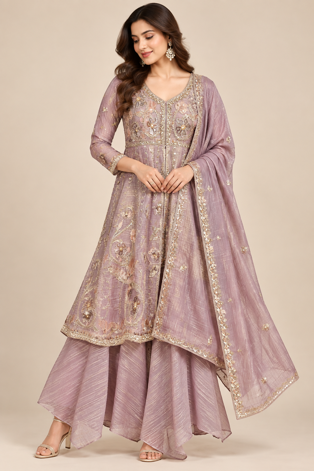 Mauve Taupe Hand-Embroidered Tissue Silk Kurti Sharara Set Main image