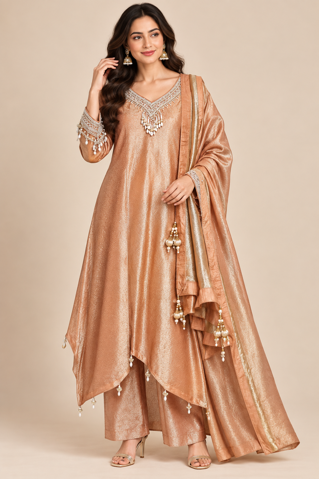 Metallic Rose-Gold Tissue Asymmetrical Kurti & Palazzo Pant Set