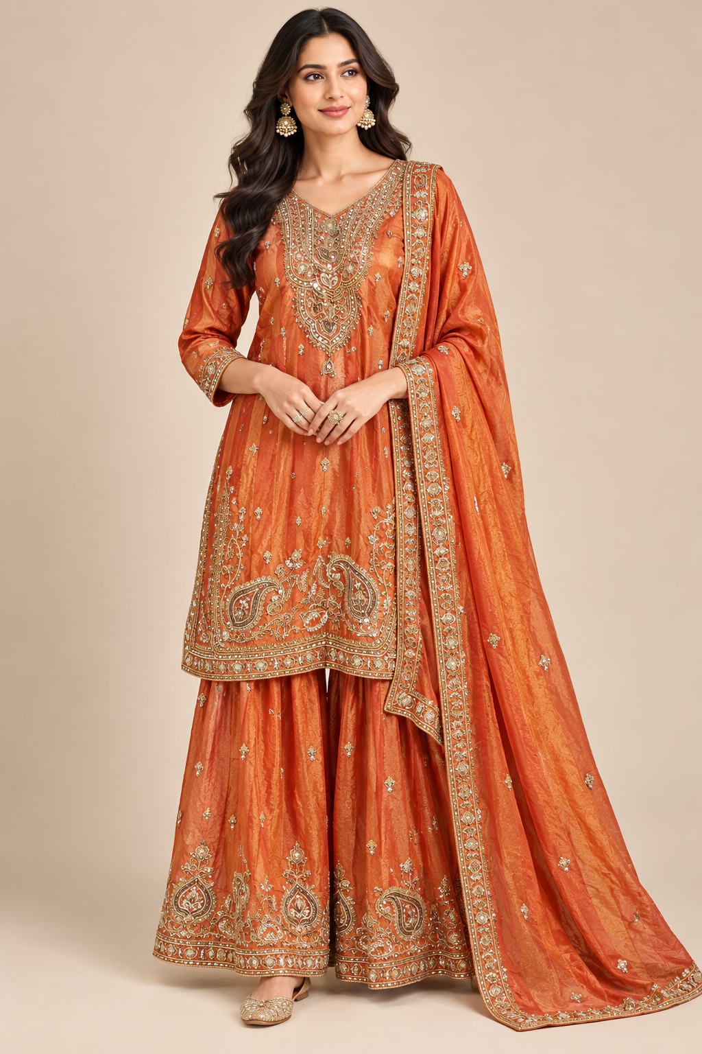 Rust Orange Hand-Embroidered Tissue Silk Kurti Sharara Set