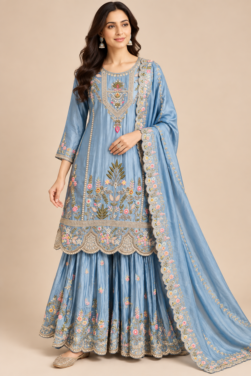 Powder Blue Hand-Embroidered Chanderi Silk Kurti Sharara Set