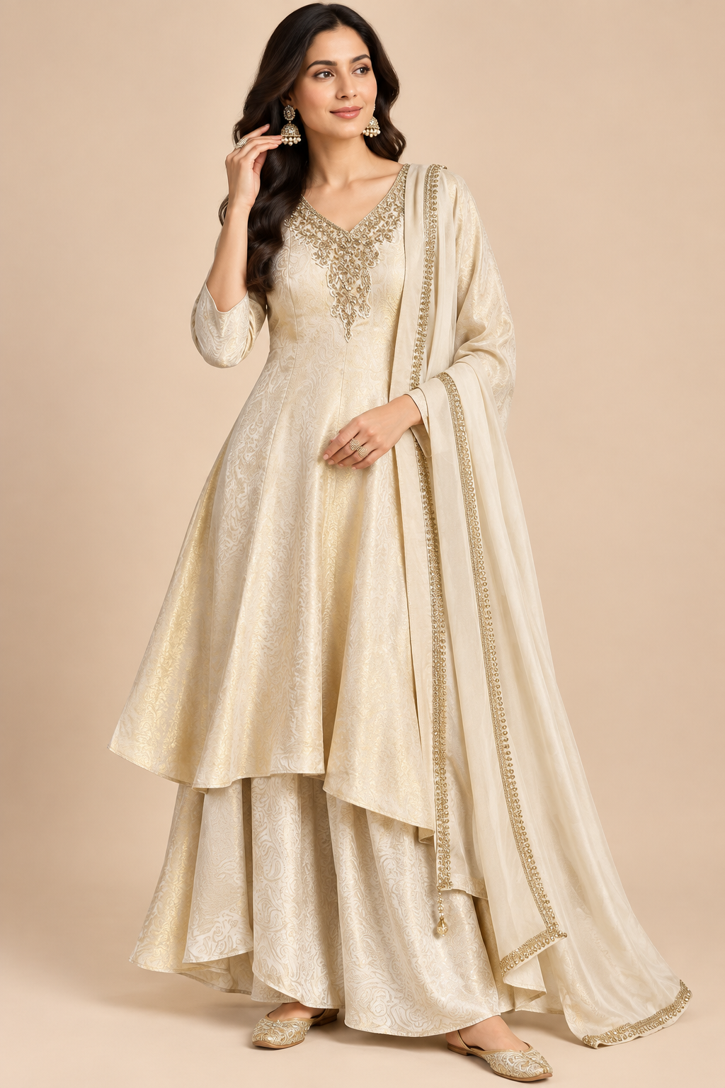 Ivory Cream Jacquard Asymmetrical Kurti Sharara Set Main image