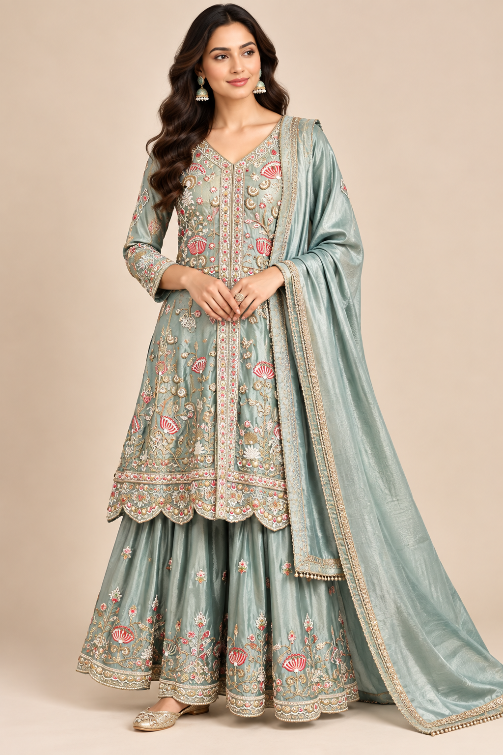 Sage Mint Tissue Silk Hand-Embroidered Kurti Sharara Set Main image
