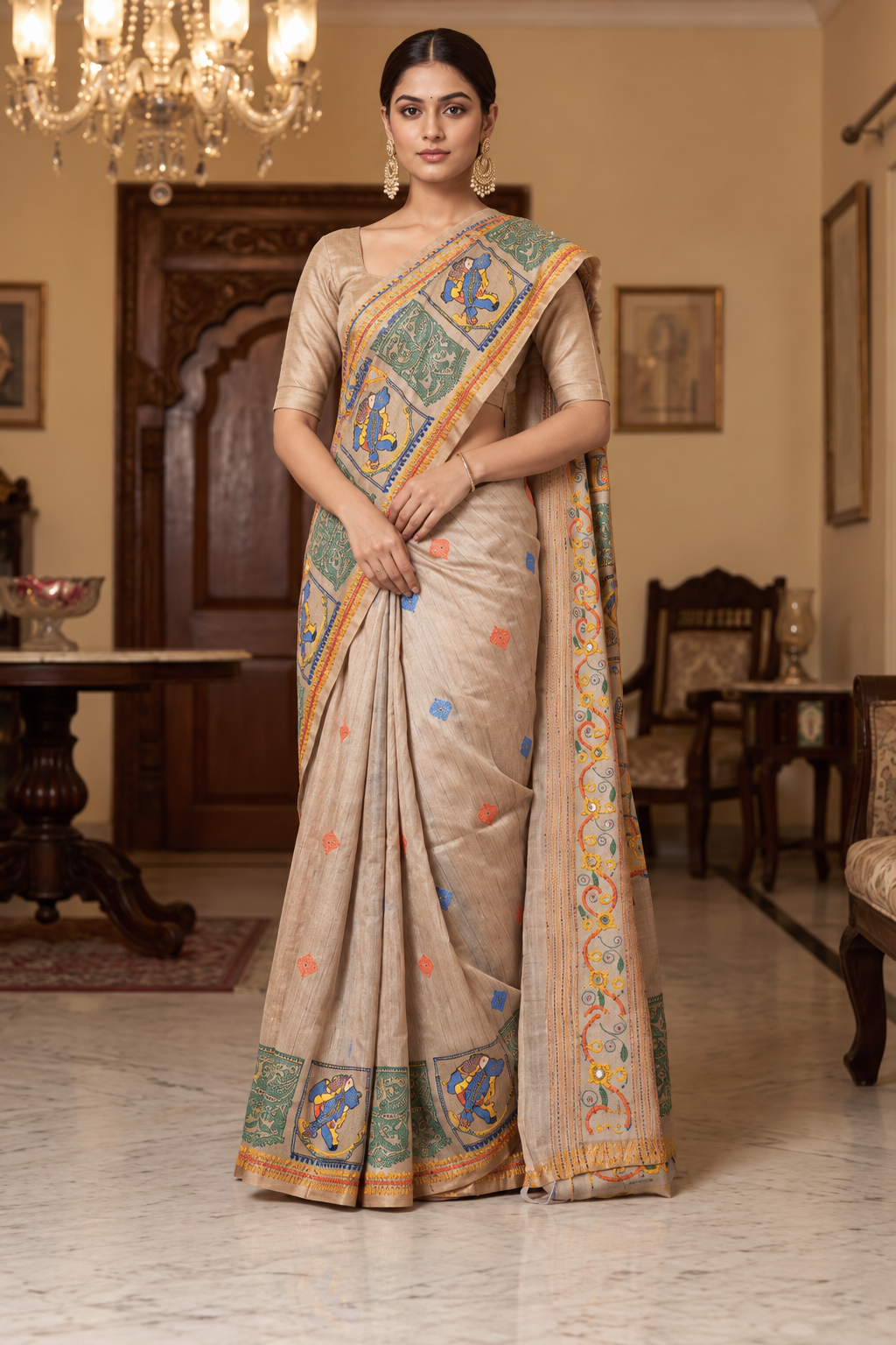 Beige Multicoloured Printed Saree