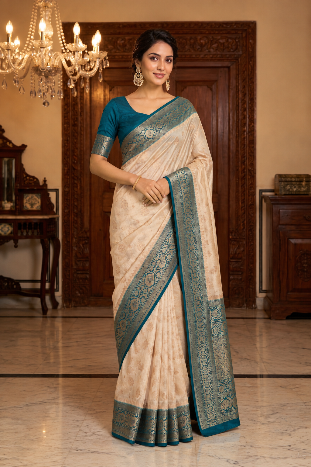Ivory White & Teal Blue Traditional Saree
