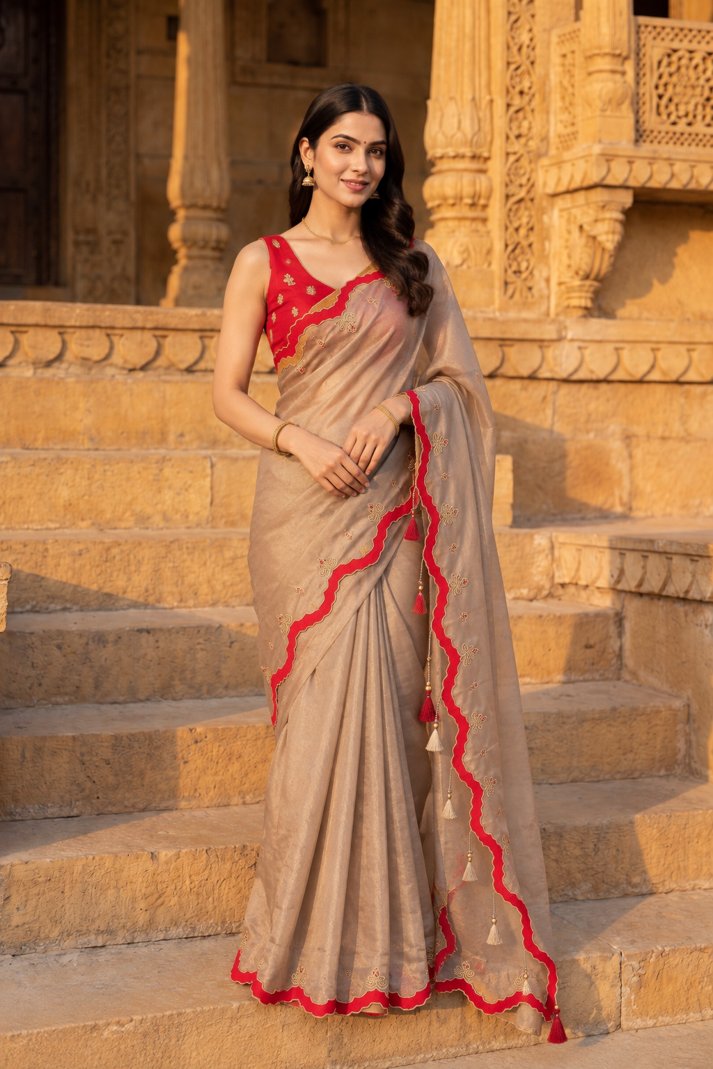 Beige & Red Striped Printed Saree