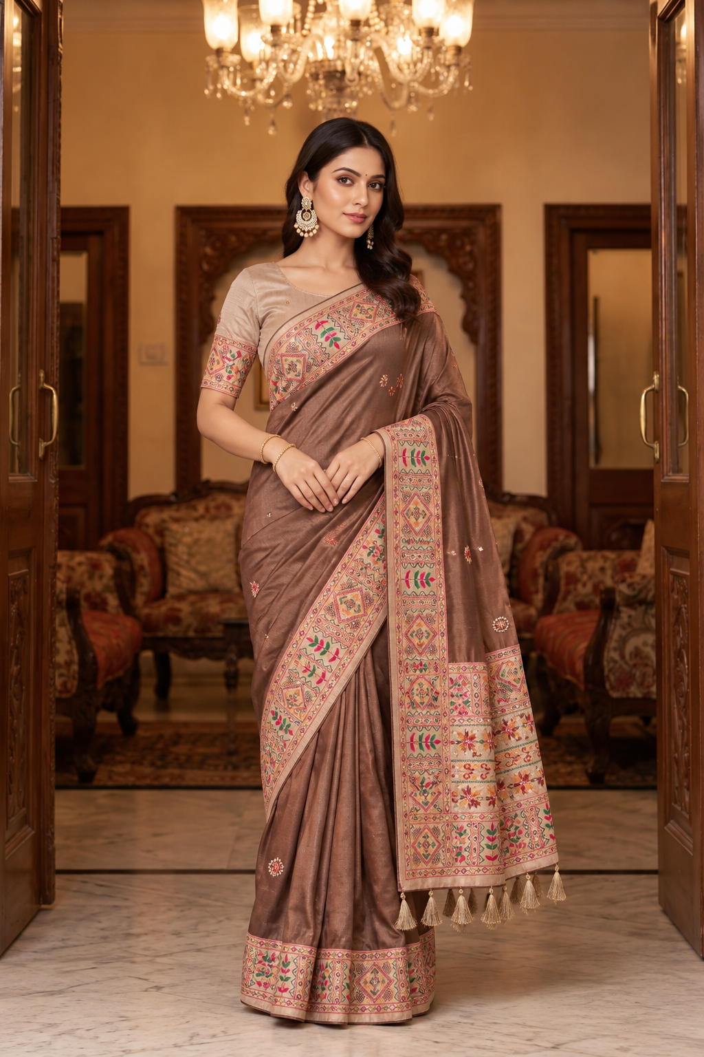 Mauve Brown and Ivory Printed Saree