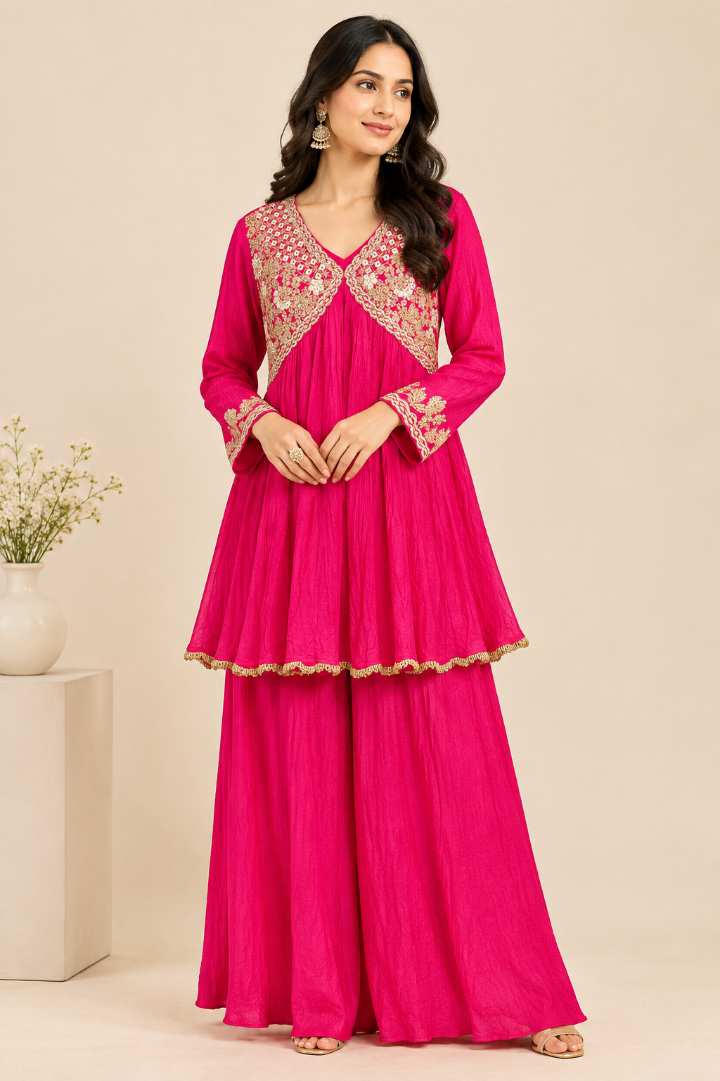 Pink Peplum Sharara Set with Intricate Gold Embroidery