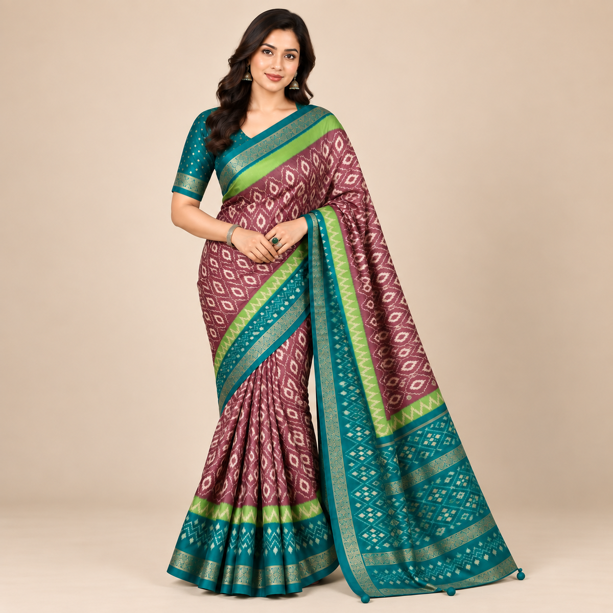 Teal & Wine Silk Saree with Traditional Ikat Pattern