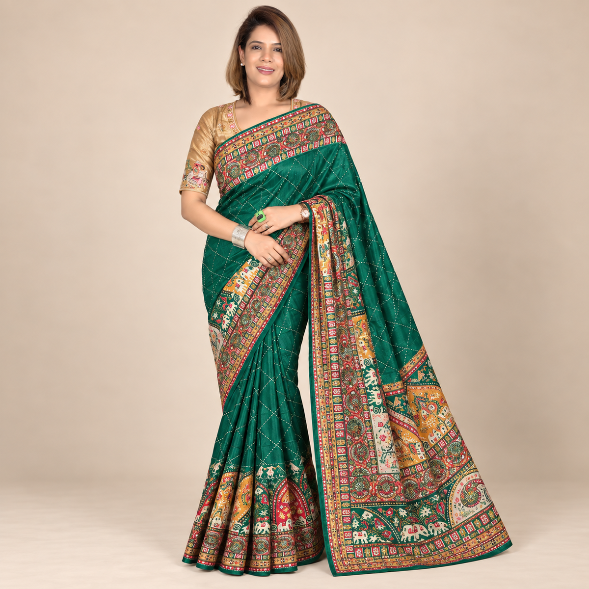 Bottle Green Printed Silk Saree with Traditional Designer Border