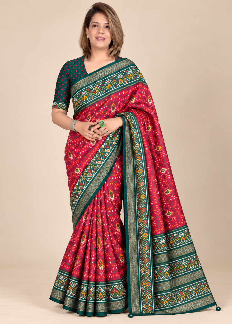 Pink & Green Printed Silk Saree with Designer Border Main image