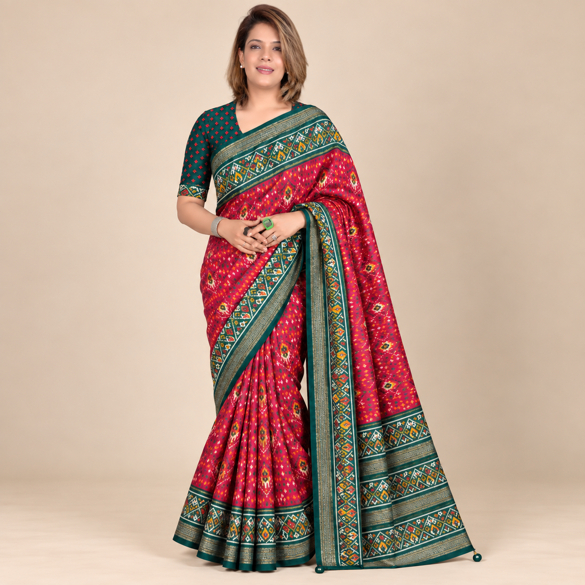 Pink & Green Printed Silk Saree with Designer Border