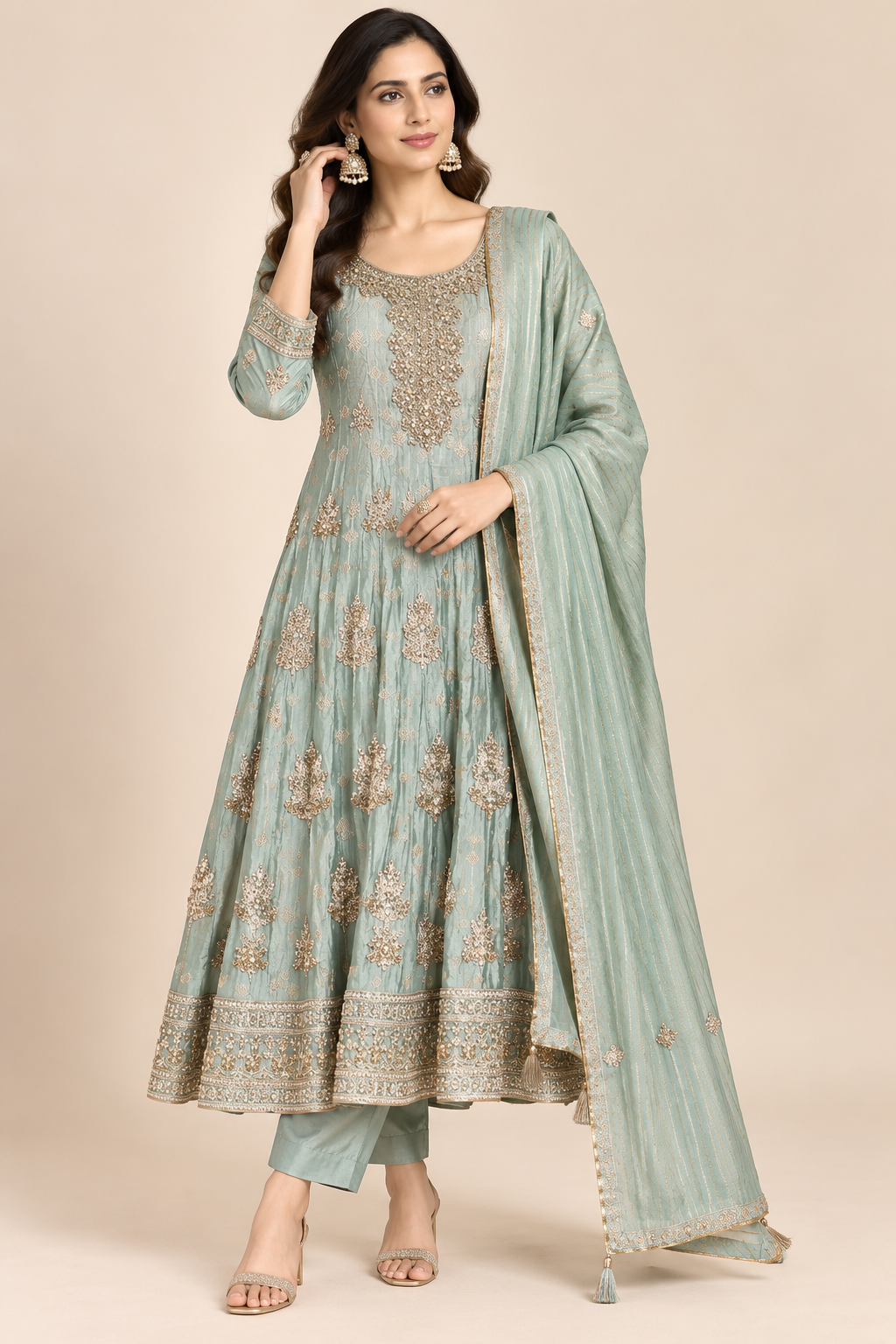 Sage Mint Green Embroidered Chanderi Silk Anarkali Suit Set