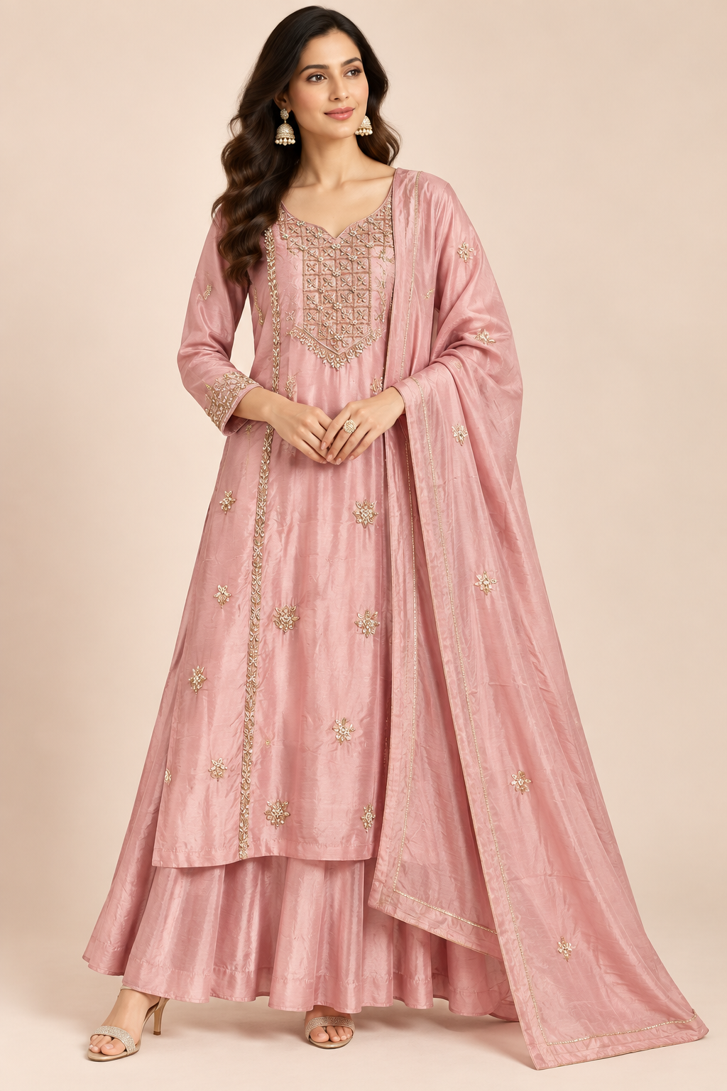 Blush Pink Hand-Embroidered Chanderi Silk Kurti Sharara Set