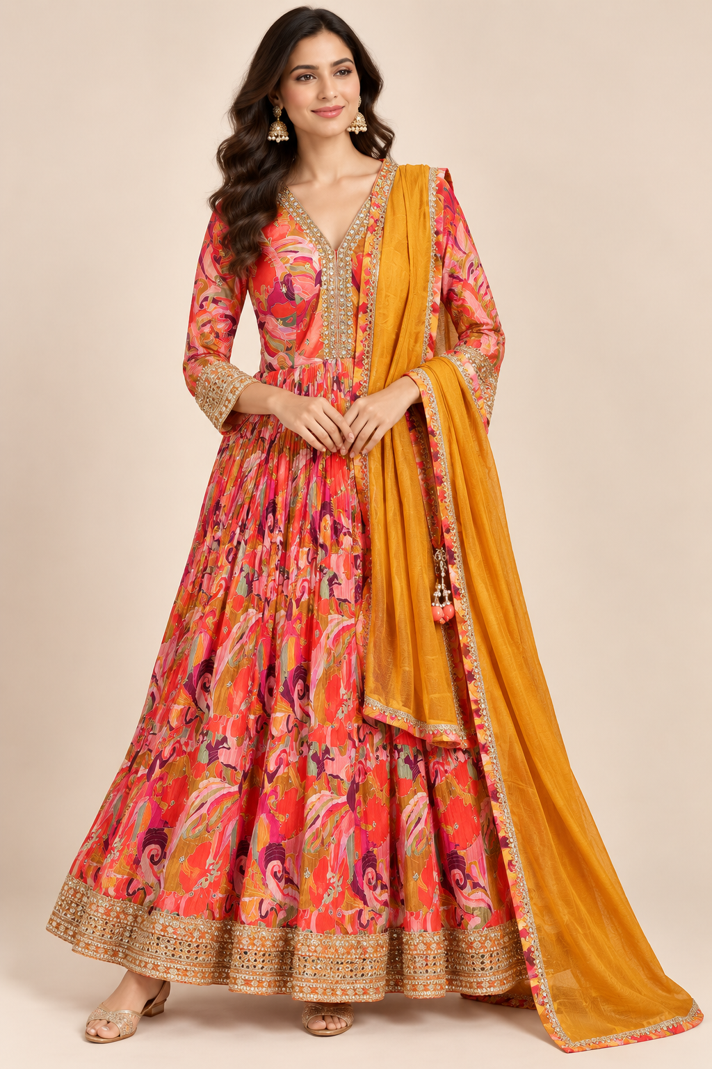 Coral Pink &amp; Ochre Abstract Floral Printed Georgette Anarkali Gown Set