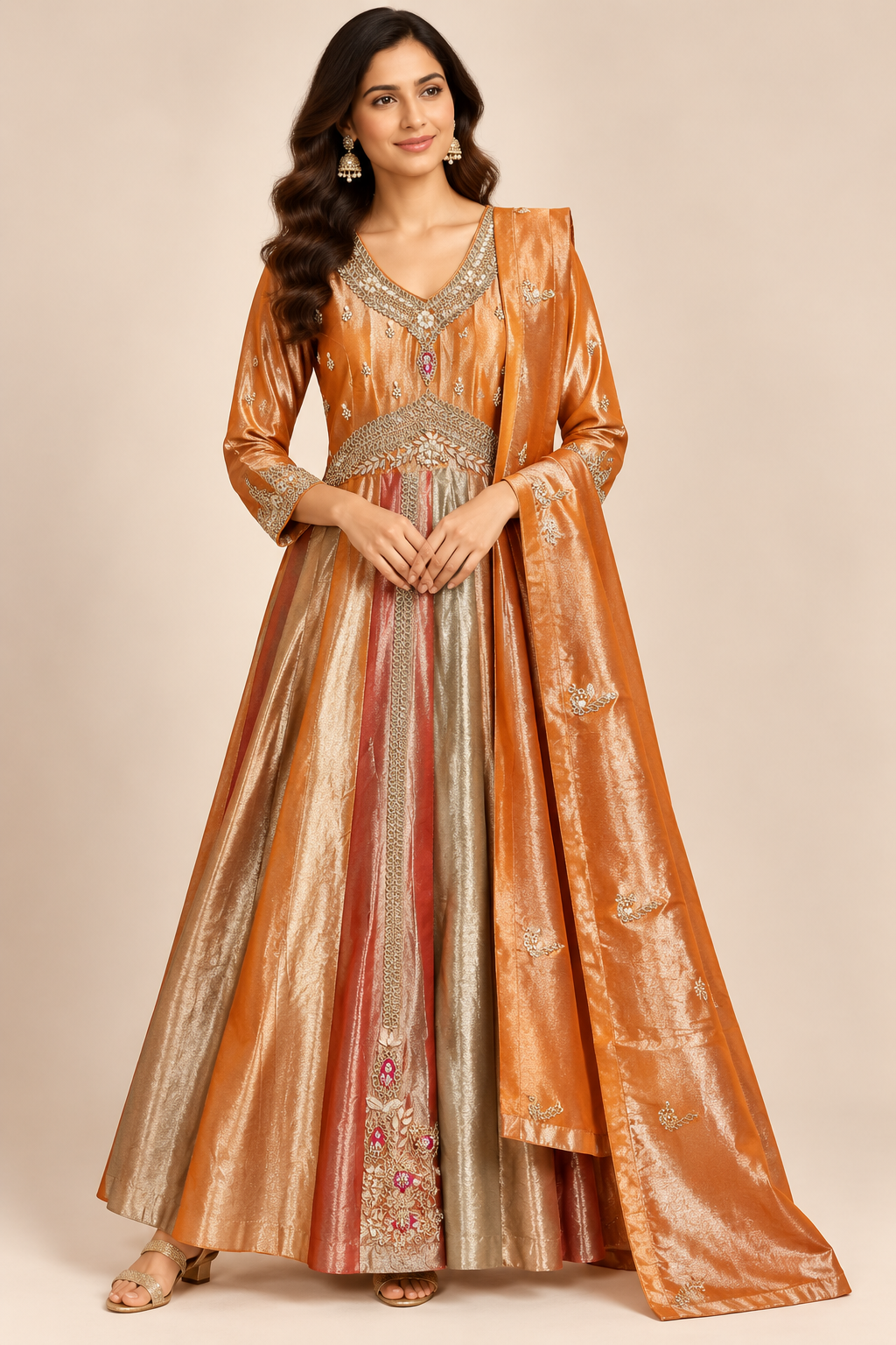 Rust Orange &amp; Metallic Multi-Panel Tissue Anarkali Gown Set Main image