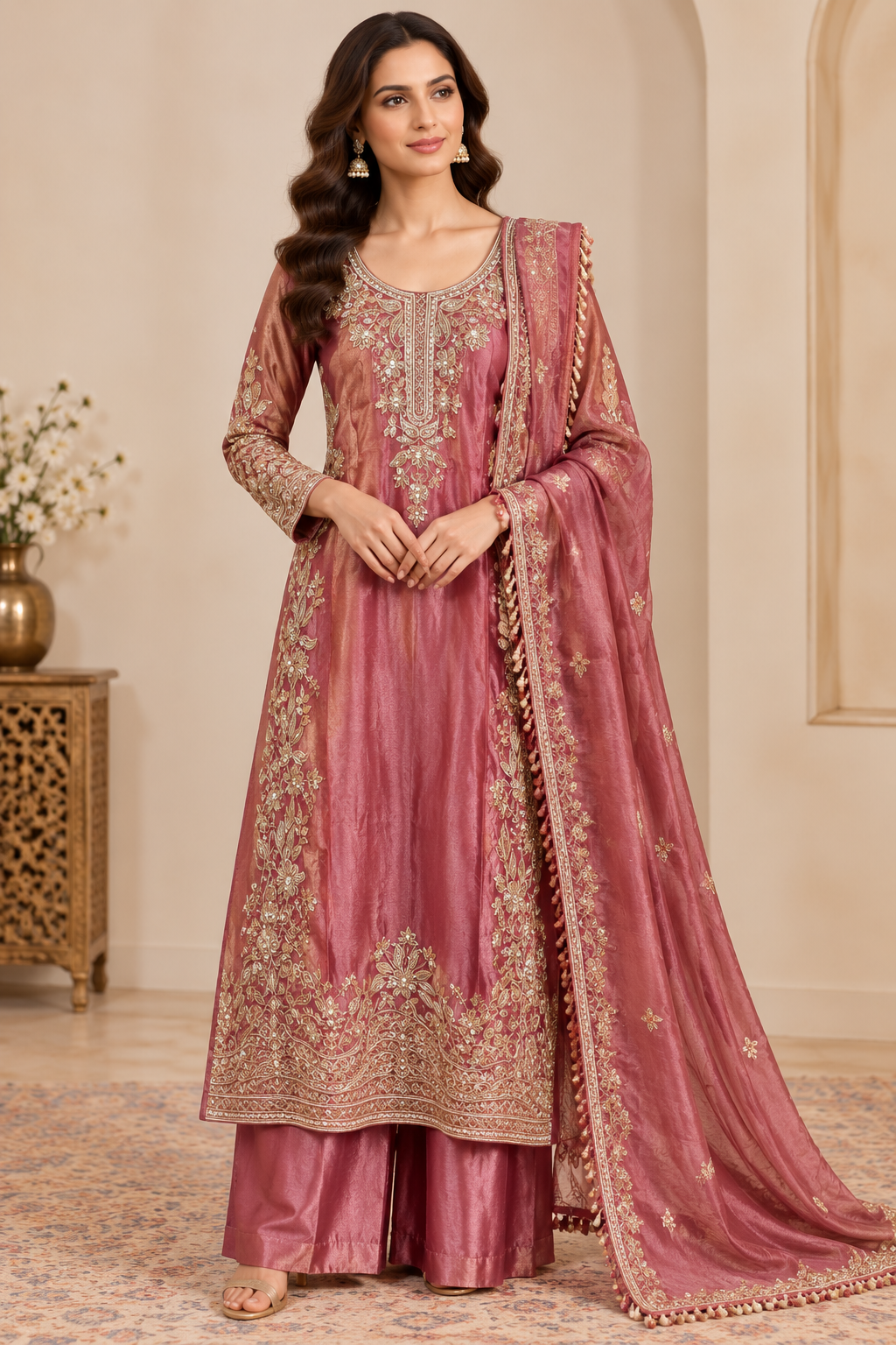 Magenta Pink Tissue Silk Hand-Embroidered Kurti Sharara Set