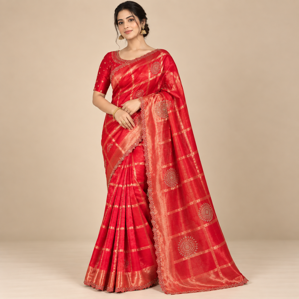 Red Soft Fabric Saree with Golden Check Pattern & Traditional Motif Detailing Main image