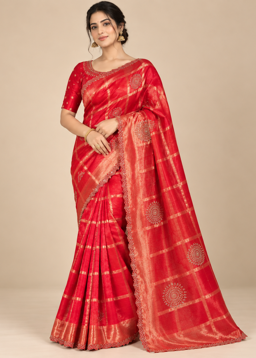 Red Soft Fabric Saree with Golden Check Pattern & Traditional Motif Detailing Main image