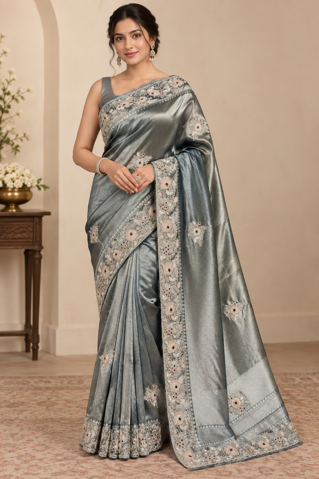 Steel Blue Printed Saree