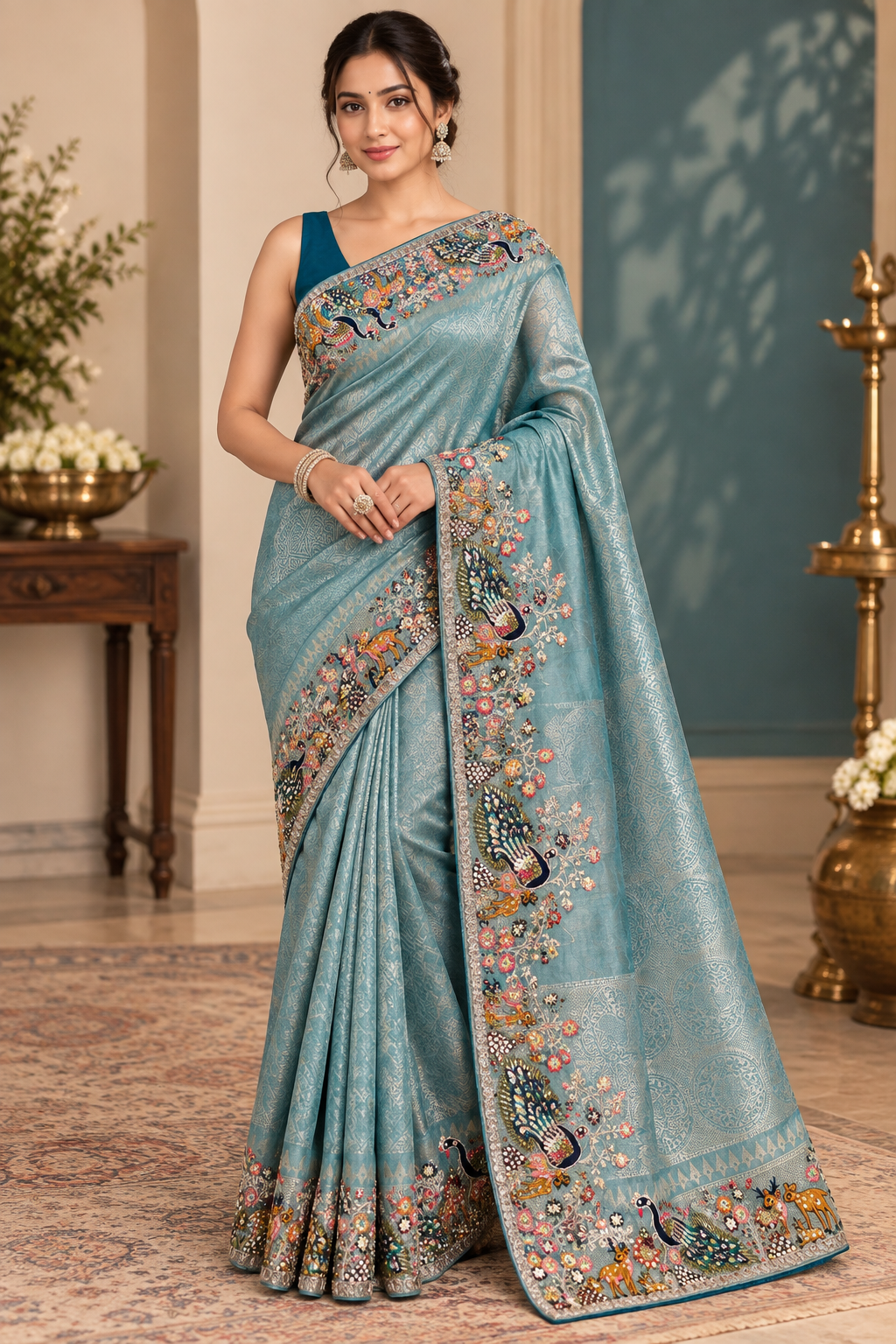 Light Blue Multicoloured Printed Saree