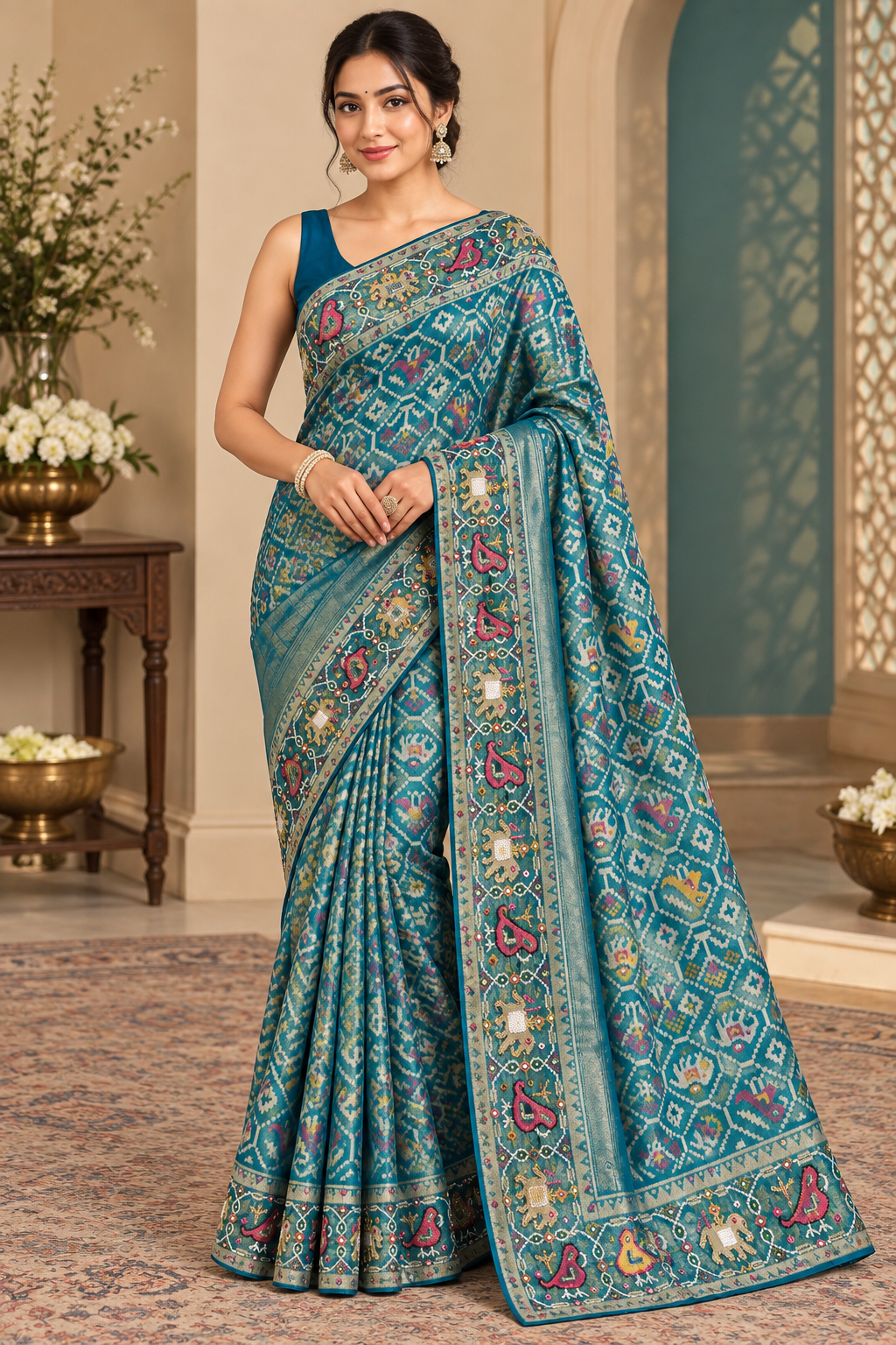 Teal Blue Multicoloured Printed Saree