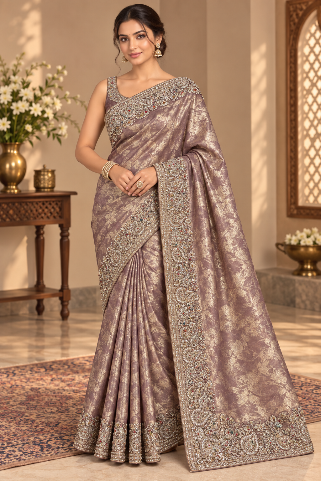 Lavender Grey Embellished Saree