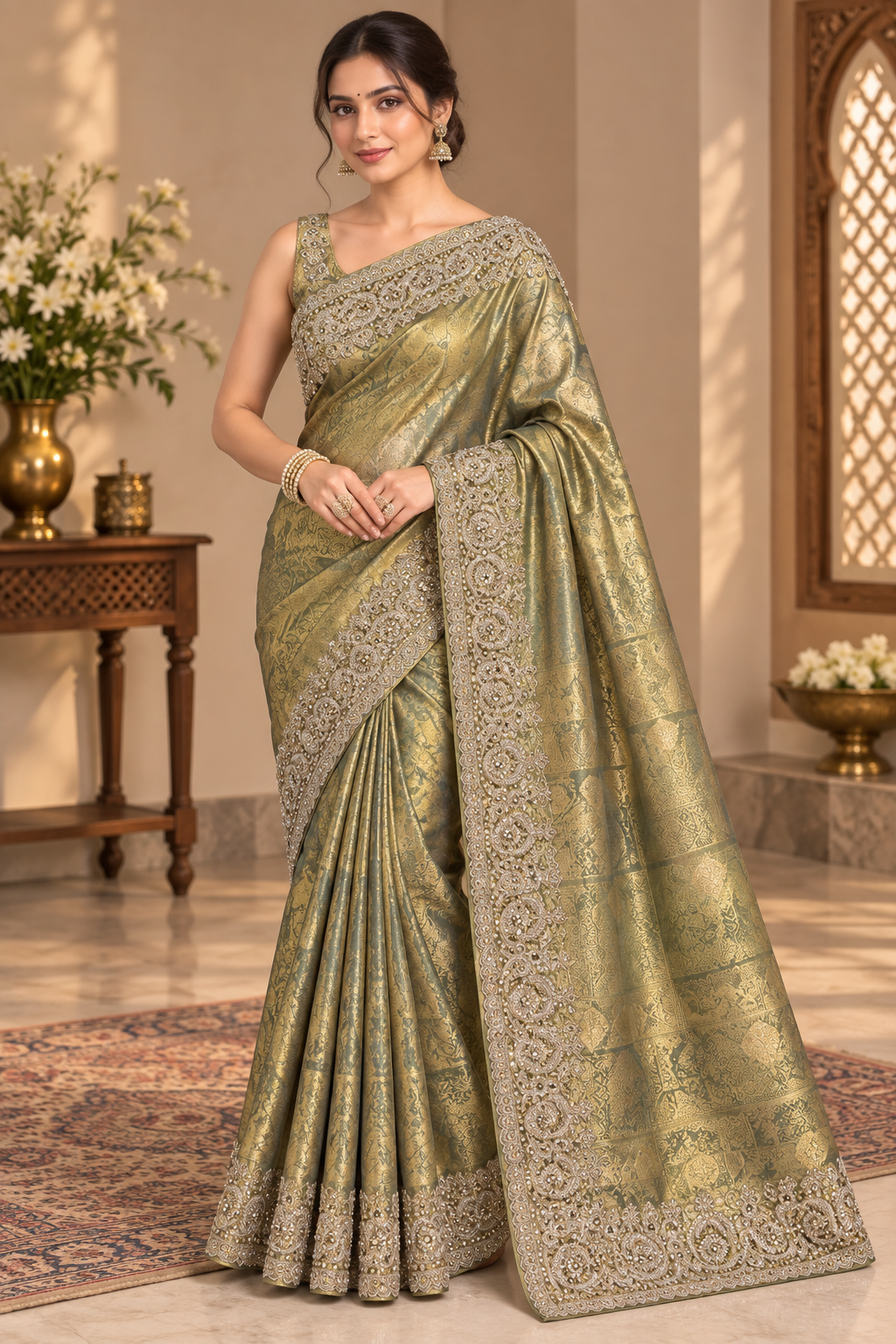 Olive Green Embellished Saree