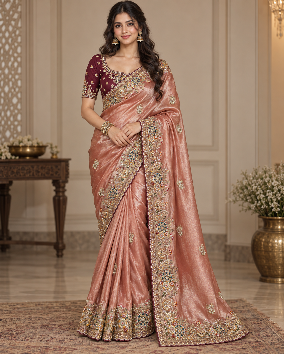 Peach Pink Embellished Saree