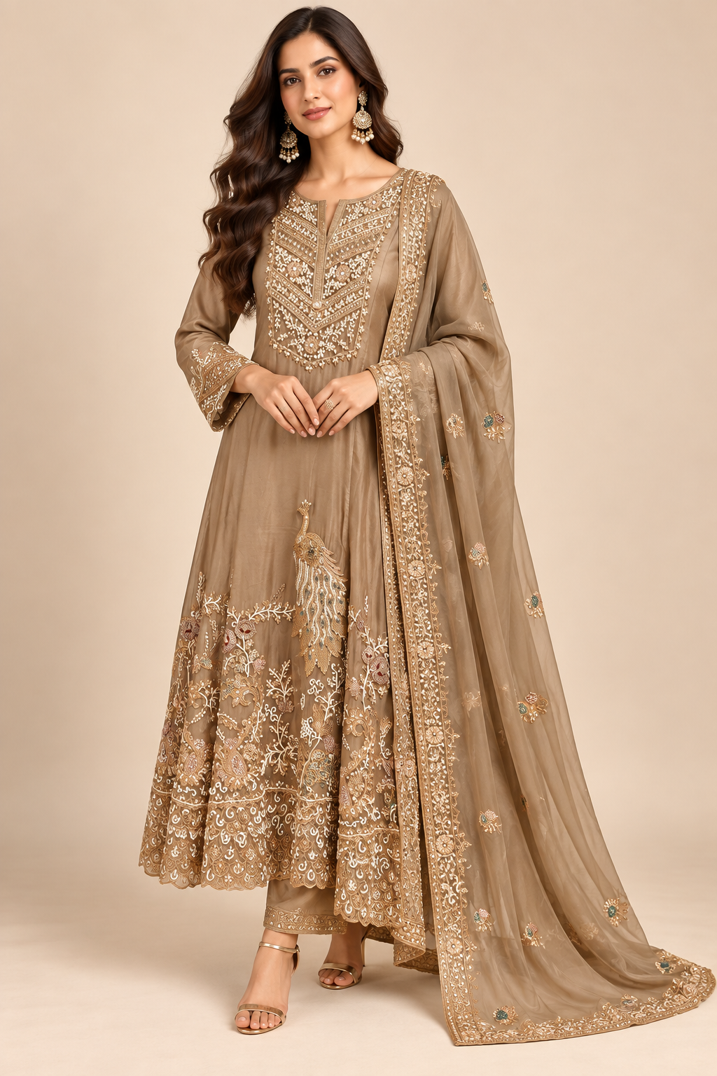 Taupe Metallic Silk Kalidar Kurti & Straight Pant Set with Embellished Dupatta Main image